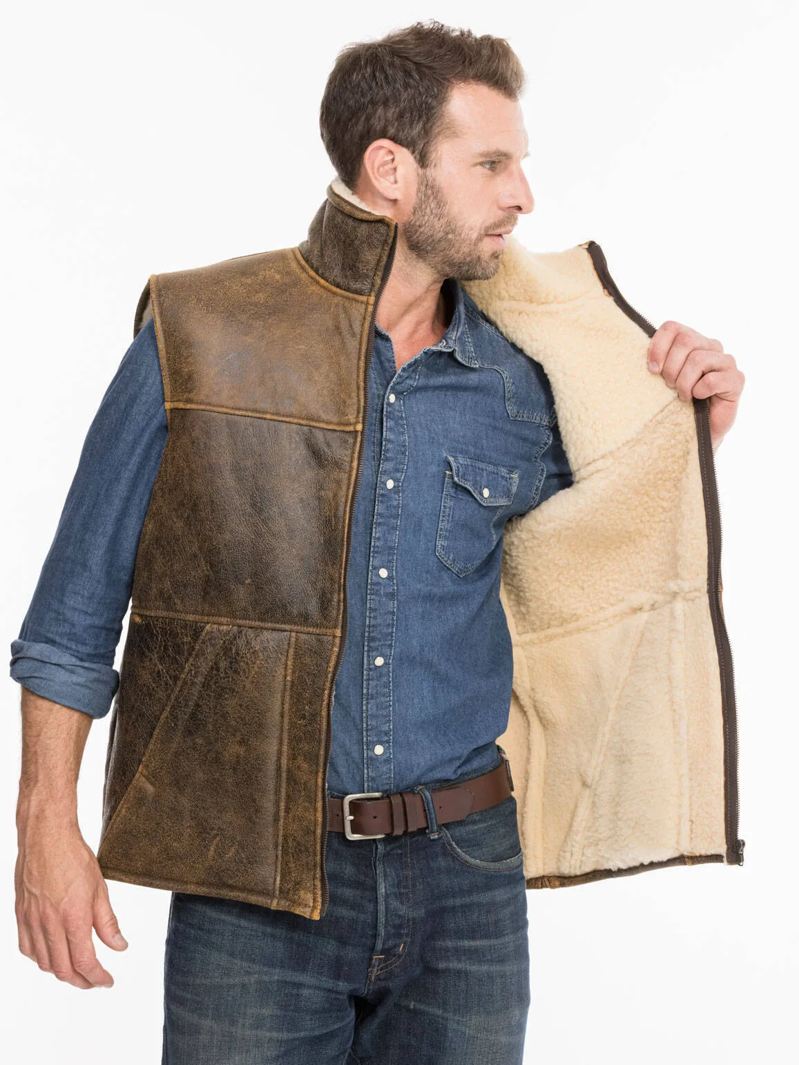 Aged brown chamonix sheep sleeveless vests