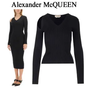 alexander mcqueen  |Casual Style Wool Rib V-Neck Long Sleeves Plain Party Style