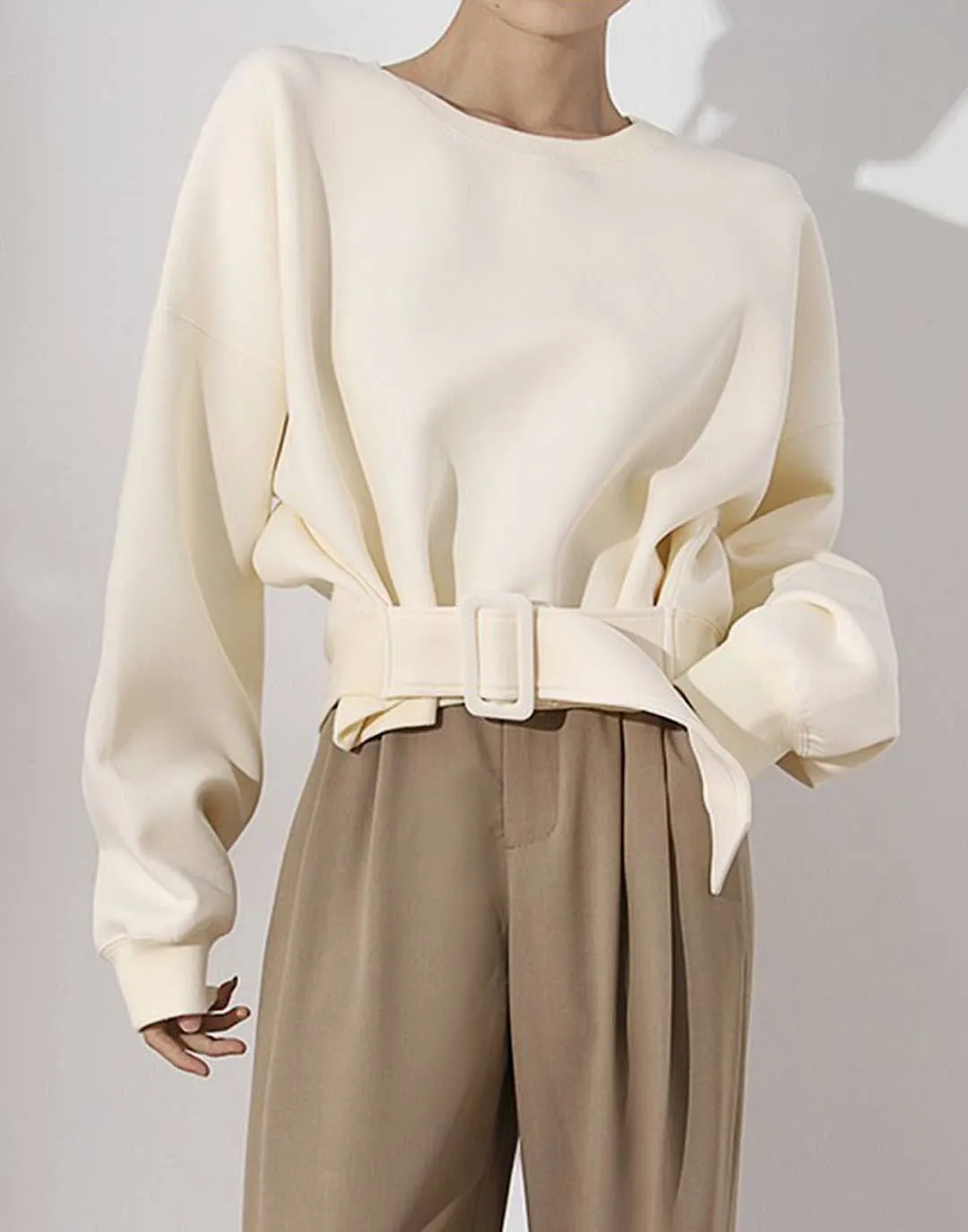 Beige Knit Loose Belted Sweatshirt