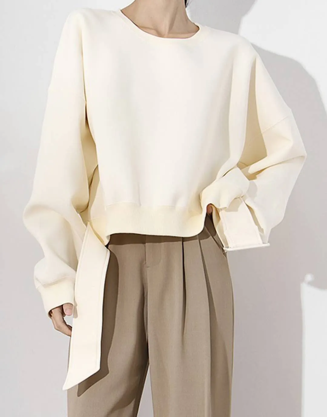 Beige Knit Loose Belted Sweatshirt