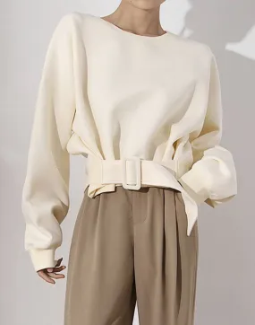 Beige Knit Loose Belted Sweatshirt