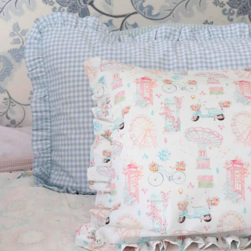 Blue gingham frilly pillowcase