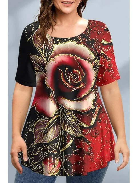 Burgundy Floral Wine Red Print Plus Size T-shirt for Women