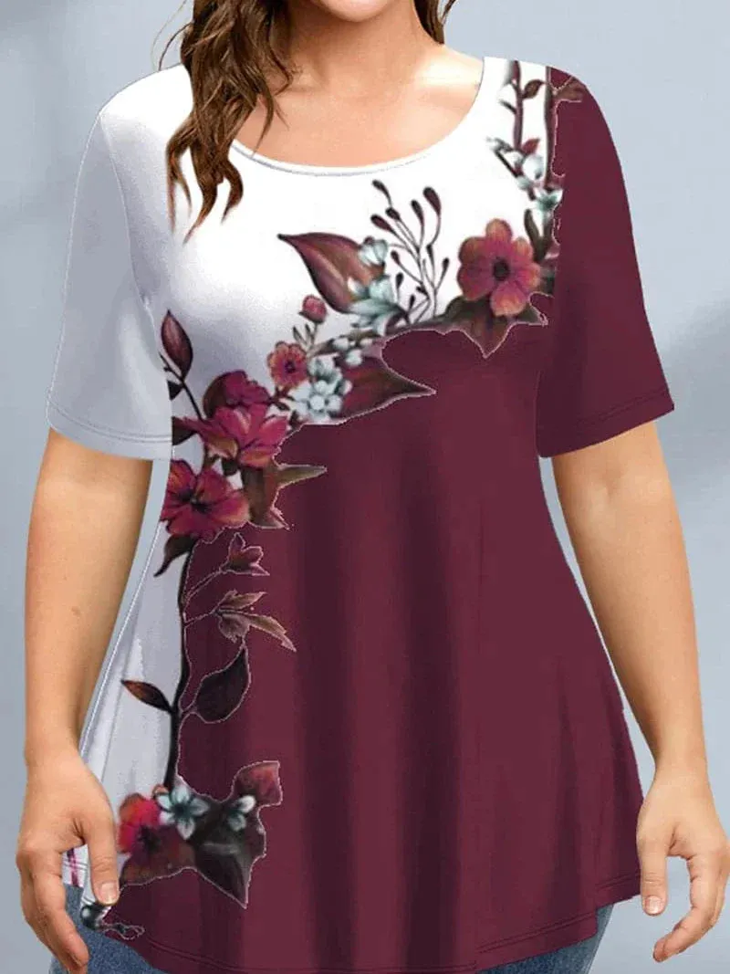 Burgundy Floral Wine Red Print Plus Size T-shirt for Women