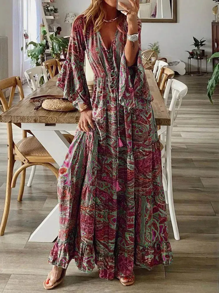 Casual V-Neck Long Sleeve Dresses Female Vintage Floral Print