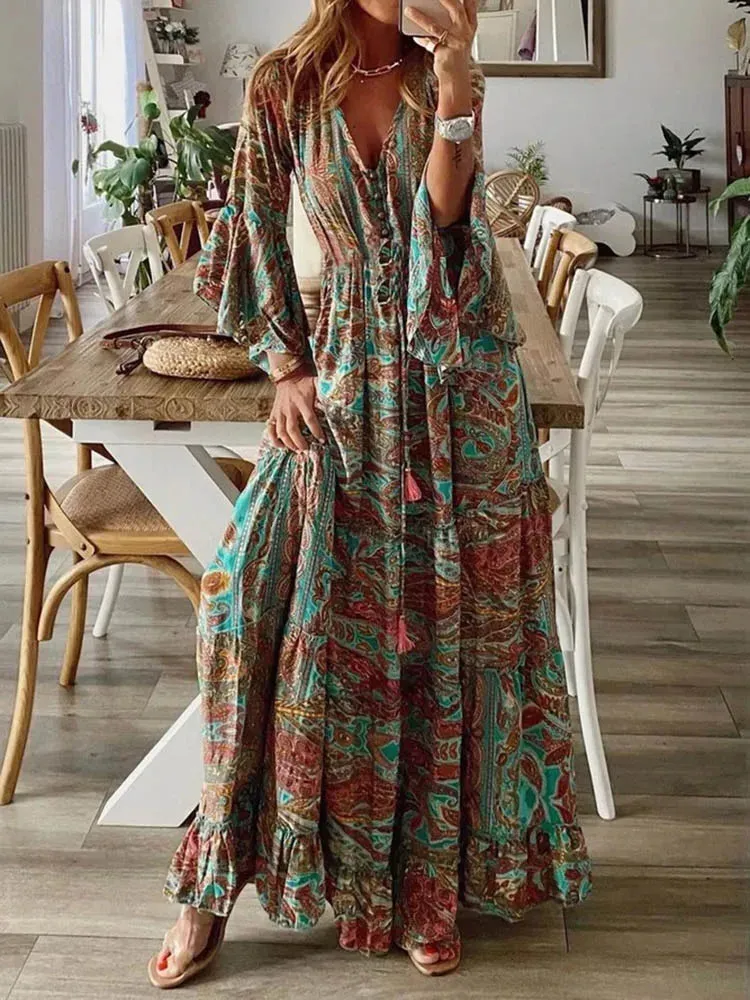 Casual V-Neck Long Sleeve Dresses Female Vintage Floral Print