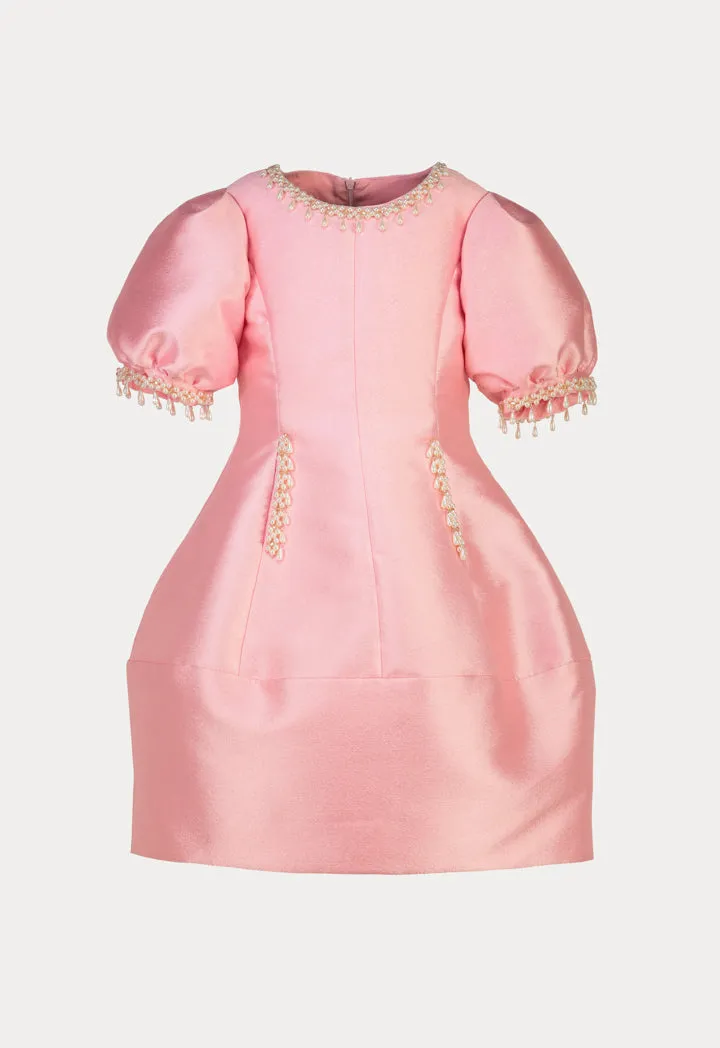 Elegant Drop Pearl Embellish Neck Puff Dress