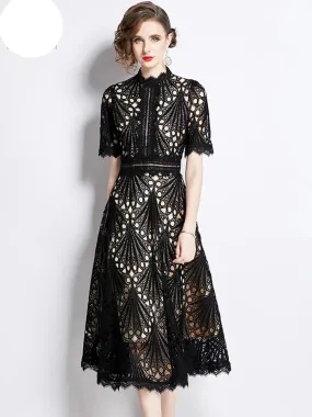 Elegant Party Dresses Floral Crochet Hollow Out Lace Patchwork Casual