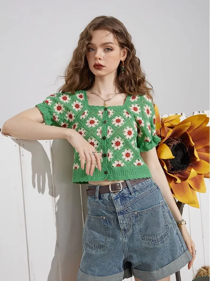 ELF SACK  |Flower Patterns Short Sleeves Cardigans