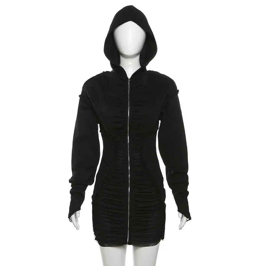 Fall Women Ruched Casual Dress Hooded Long Sleeve Patchwork Mini Ladies Dress Solid Slim Dress