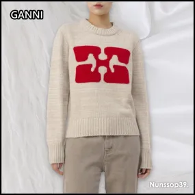 Ganni  |Crew Neck Casual Style Street Style Long Sleeves Plain