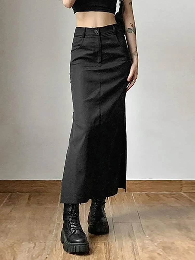 Goth Dark Casual Tag Split Midi Skirt