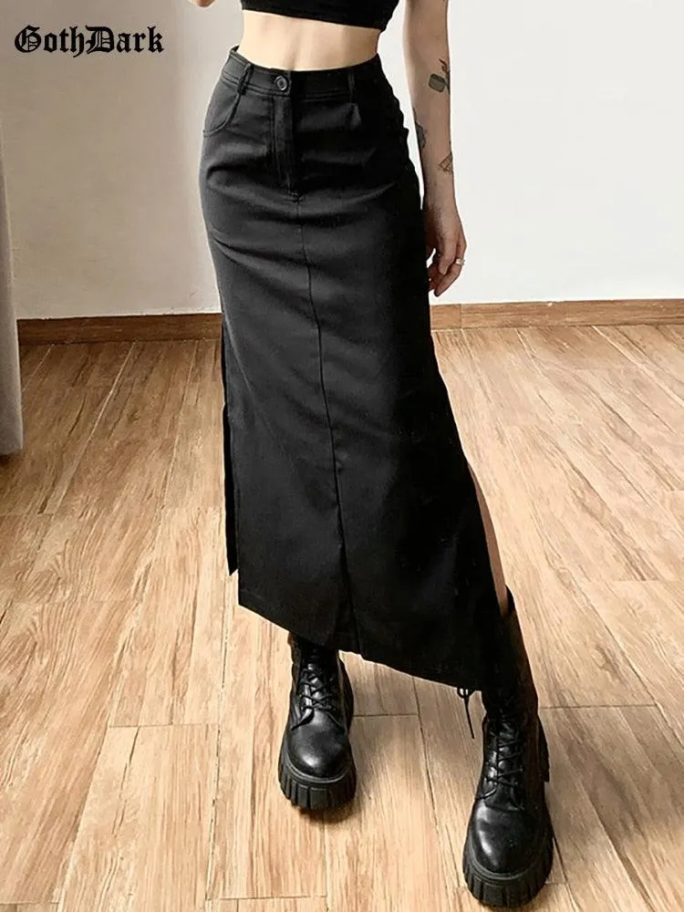 Goth Dark Casual Tag Split Midi Skirt