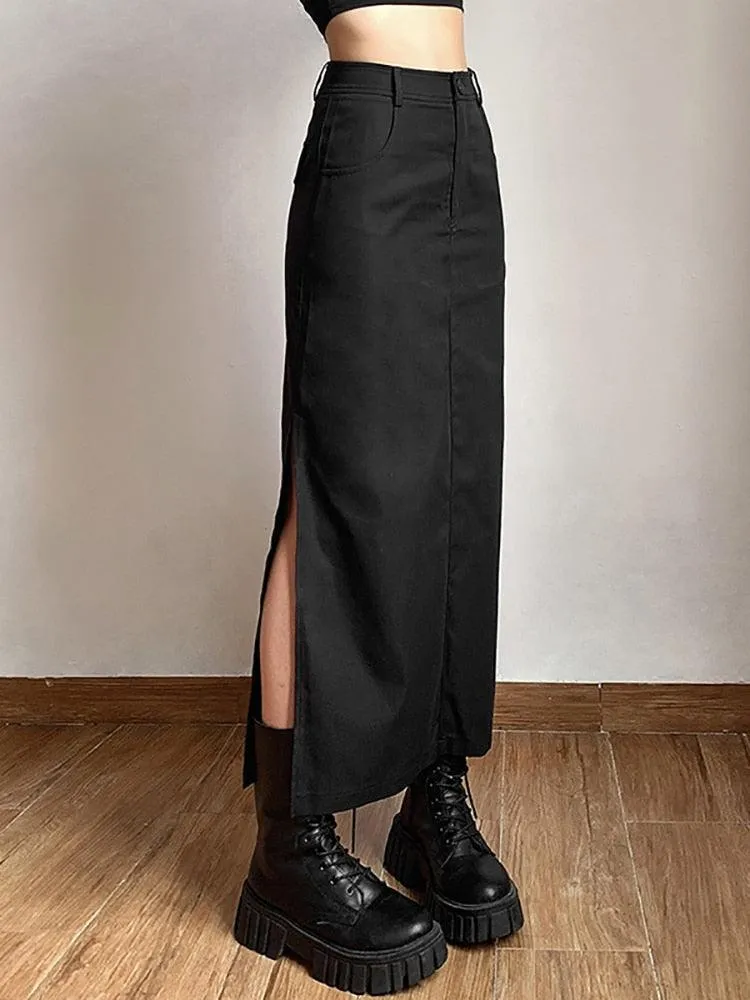 Goth Dark Casual Tag Split Midi Skirt