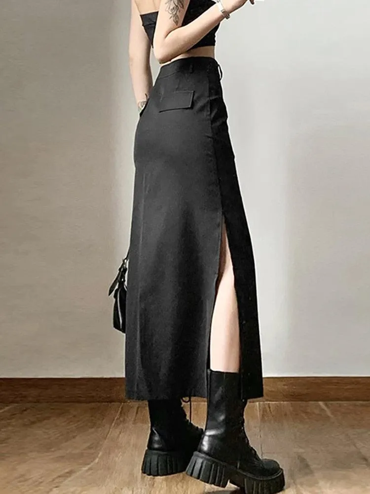 Goth Dark Casual Tag Split Midi Skirt