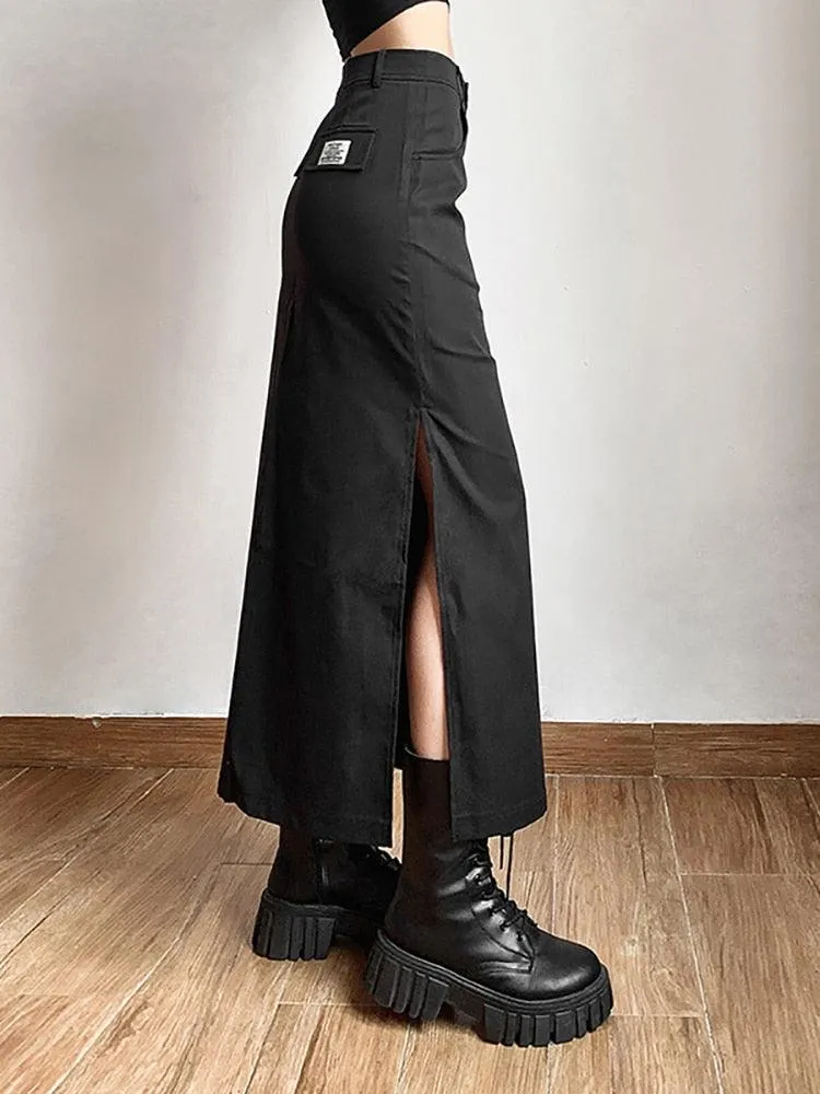 Goth Dark Casual Tag Split Midi Skirt