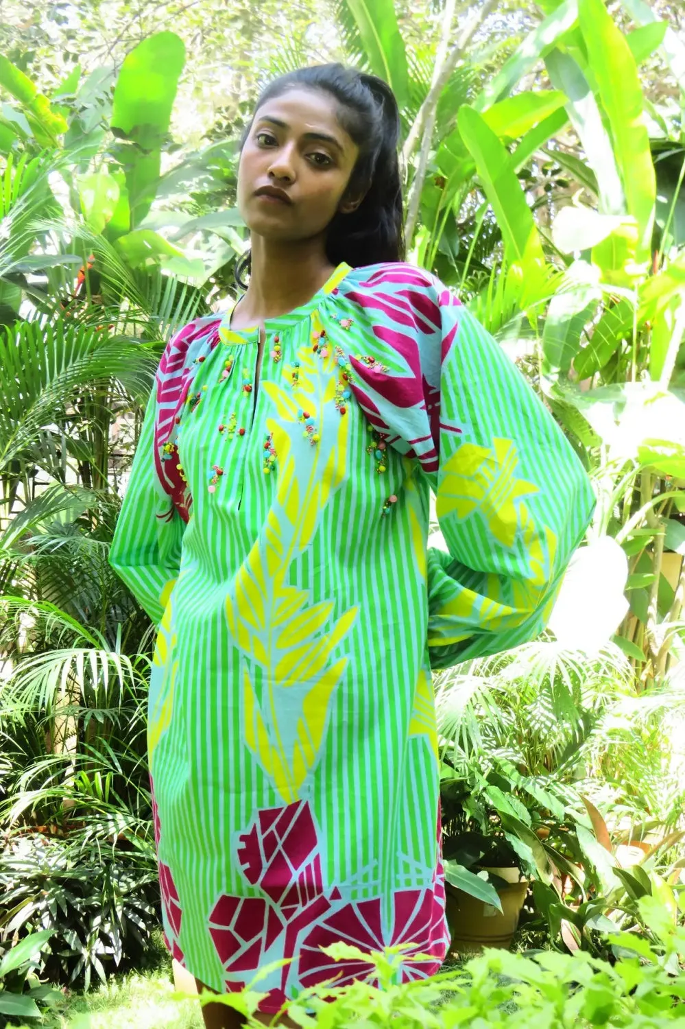 GREEN STRIPES SHORT KAFTAN