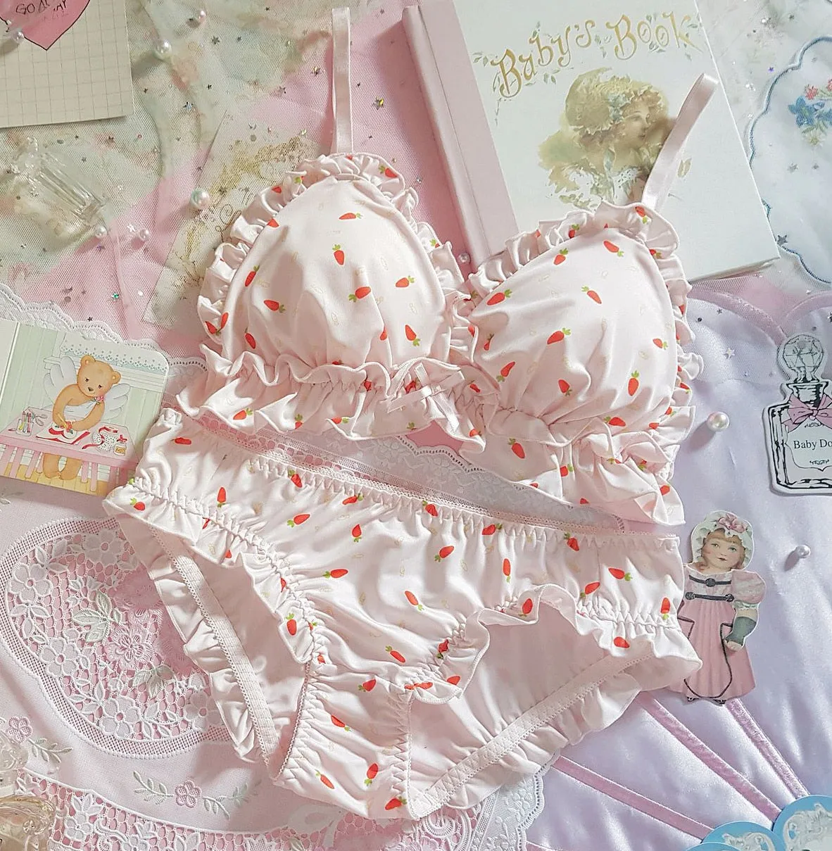 Kawaii Nymphet Lolita Lingerie Set with Cute Carrot Print