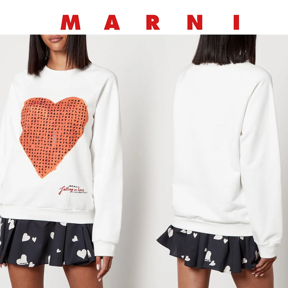 MARNI  |White sweatshirt with wordsearch heart print