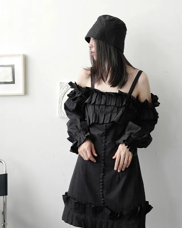 Masaru Off Shoulder Ruffled Pleated Dress - Black