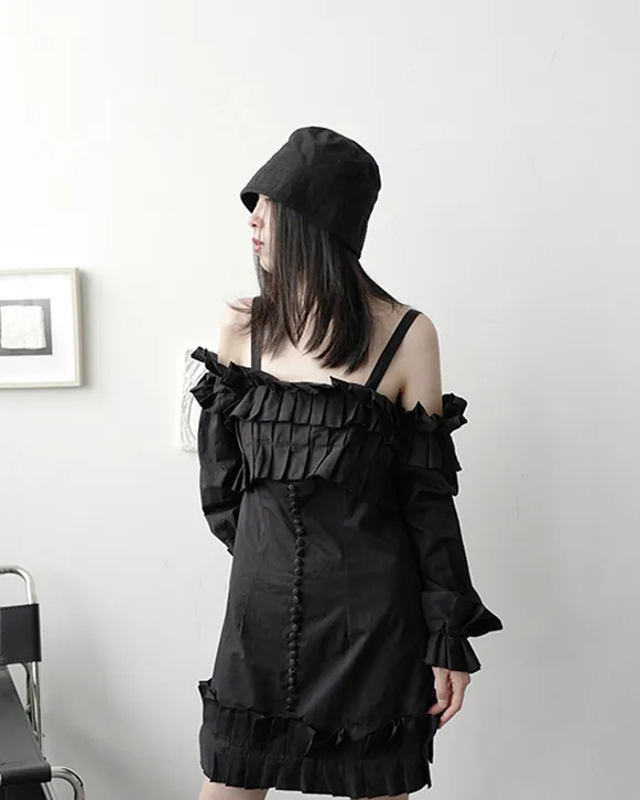 Masaru Off Shoulder Ruffled Pleated Dress - Black