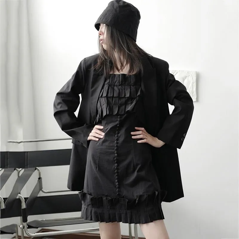 Masaru Off Shoulder Ruffled Pleated Dress - Black