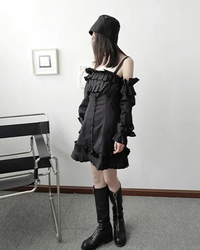 Masaru Off Shoulder Ruffled Pleated Dress - Black