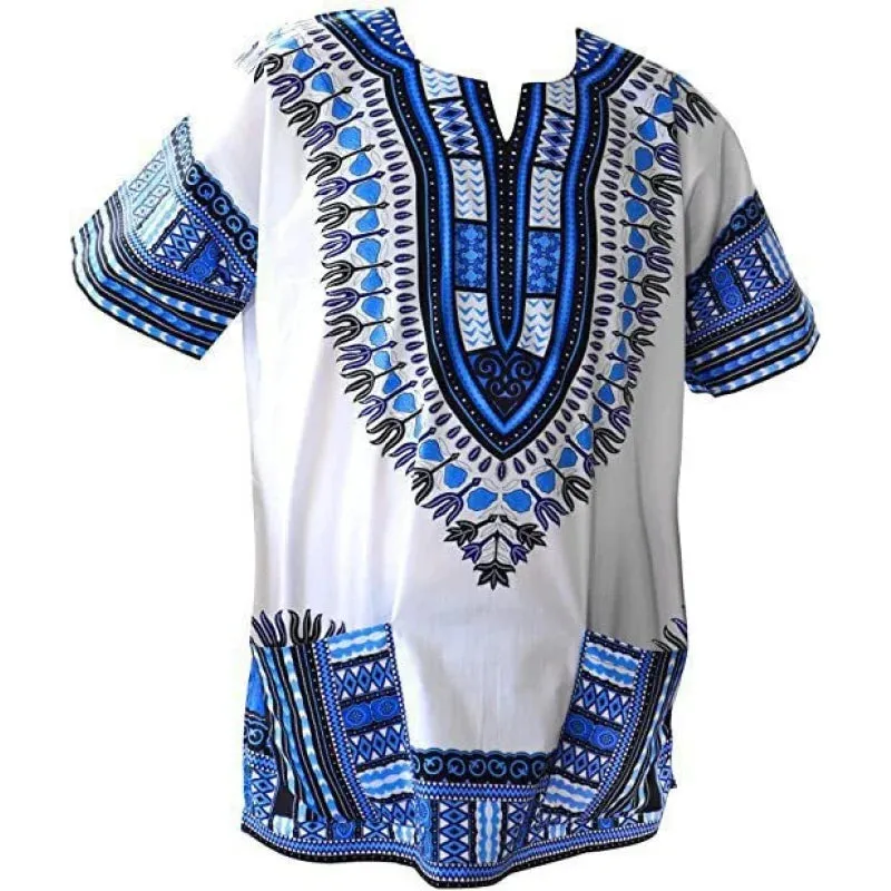 Men's Blue White African Tribal Ethnic 3D Printed Short Sleeve Shirt