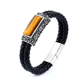 Men's Vintage Engraved Stainless Steel Embedded Stone Leather Strap Bracelet