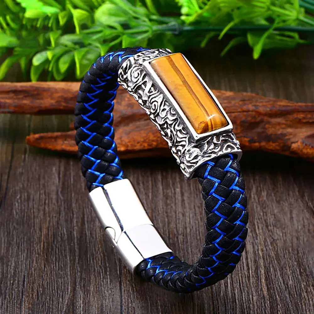 Men's Vintage Engraved Stainless Steel Embedded Stone Leather Strap Bracelet