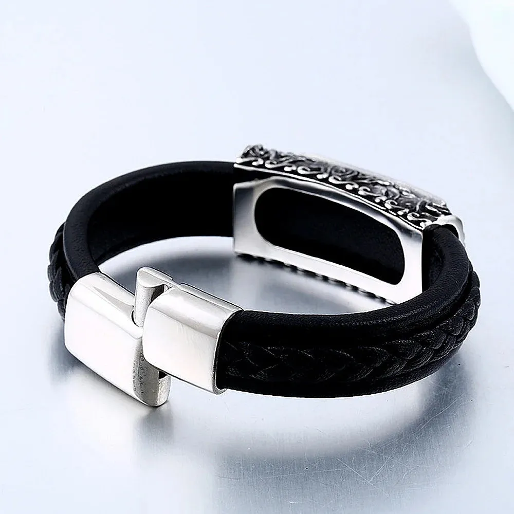 Men's Vintage Engraved Stainless Steel Embedded Stone Leather Strap Bracelet