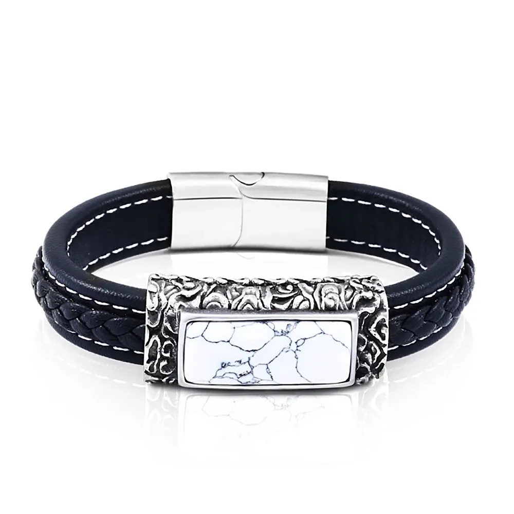 Men's Vintage Engraved Stainless Steel Embedded Stone Leather Strap Bracelet