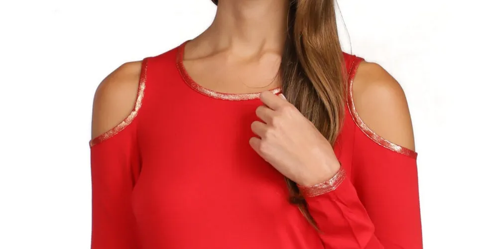 Michael Kors Women's Cold Shoulder Long Sleeve Scoop Neck Top Red Size XX-Large