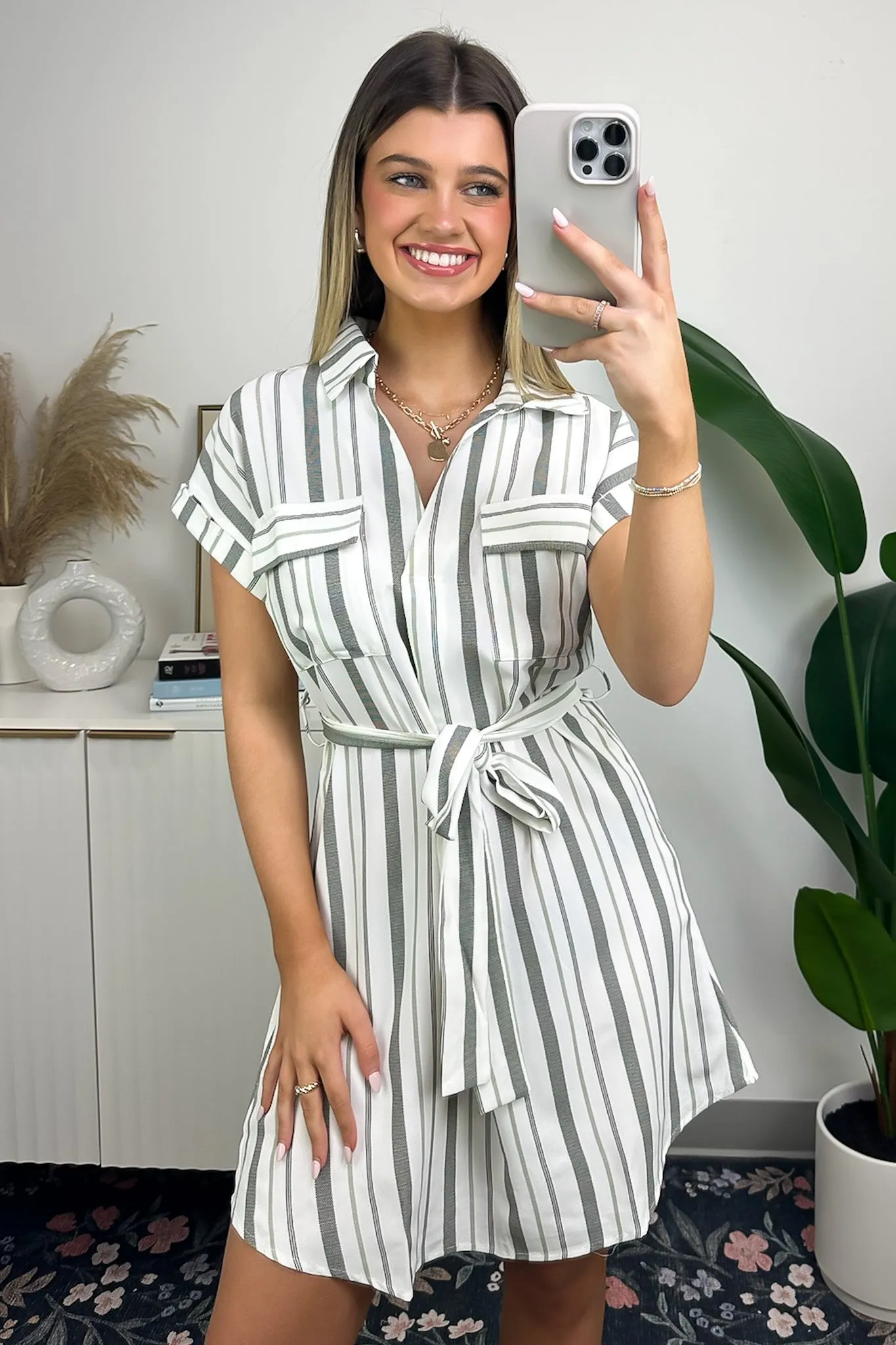 Mishelle Striped Belted Shirt Dress