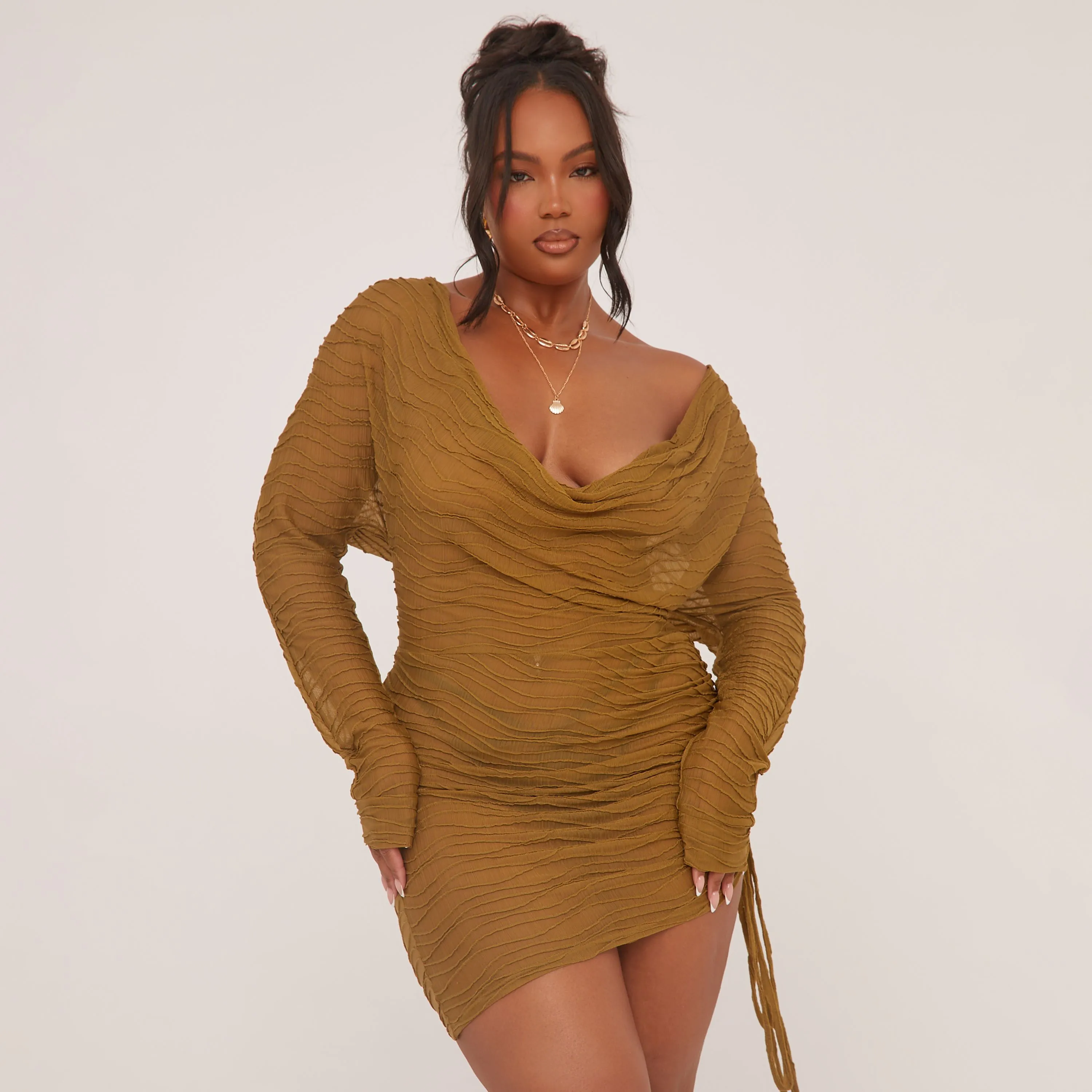 Plus Long Sleeve Cowl Neck Ruched Side Mini Dress In Olive Green Texture