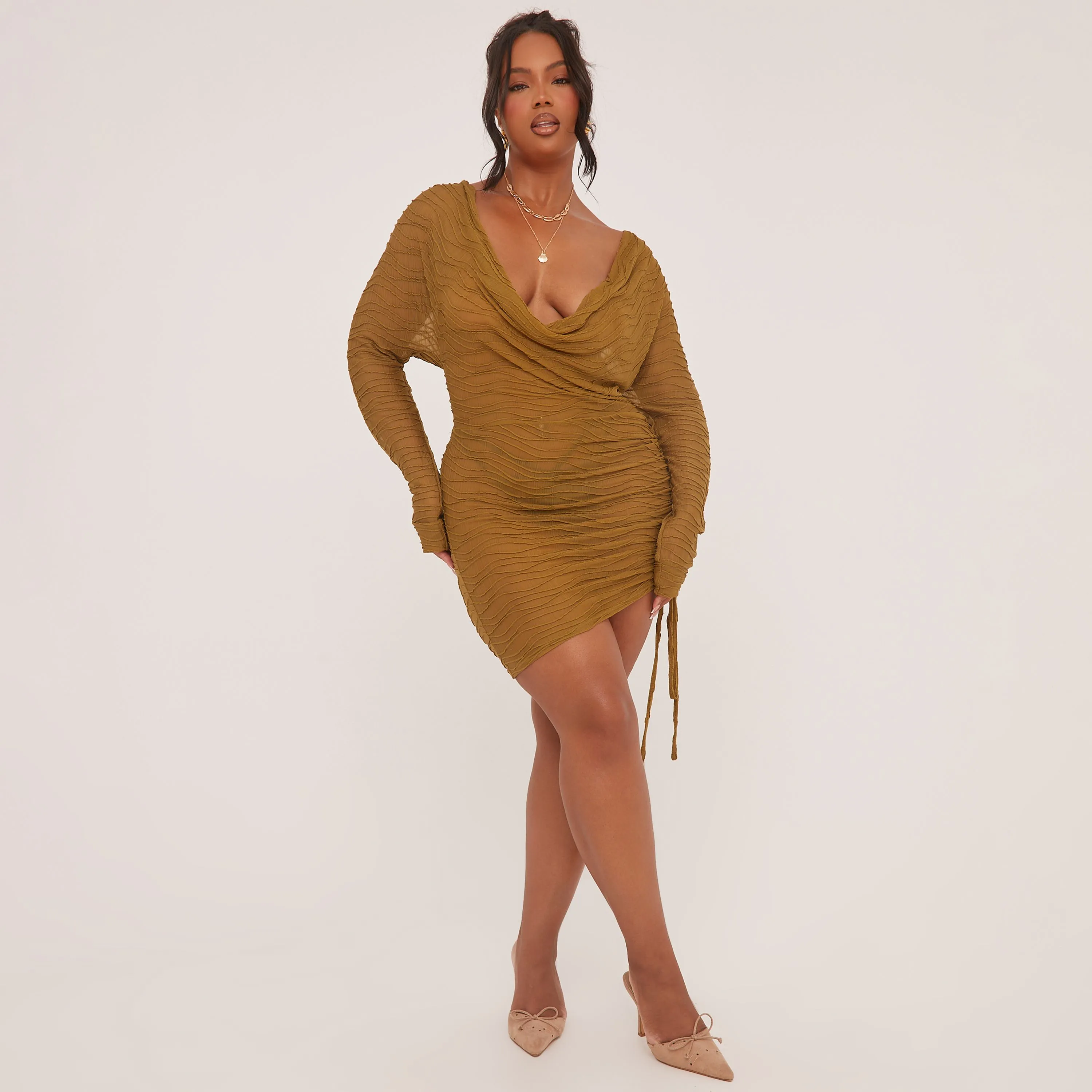 Plus Long Sleeve Cowl Neck Ruched Side Mini Dress In Olive Green Texture