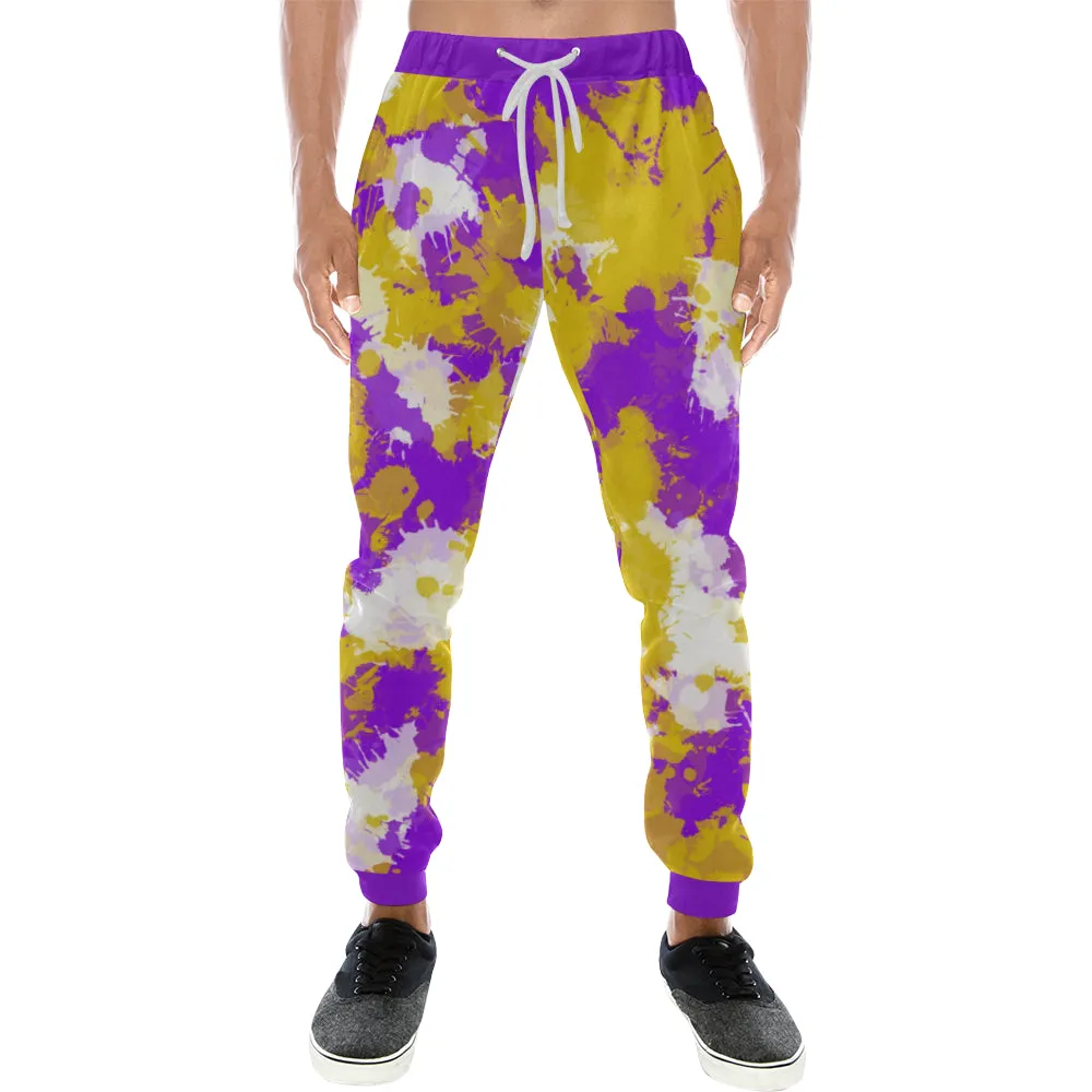 Purple Gold and White Paint Splatter Men's Big & Tall All Over Print Jogger Sweatpants