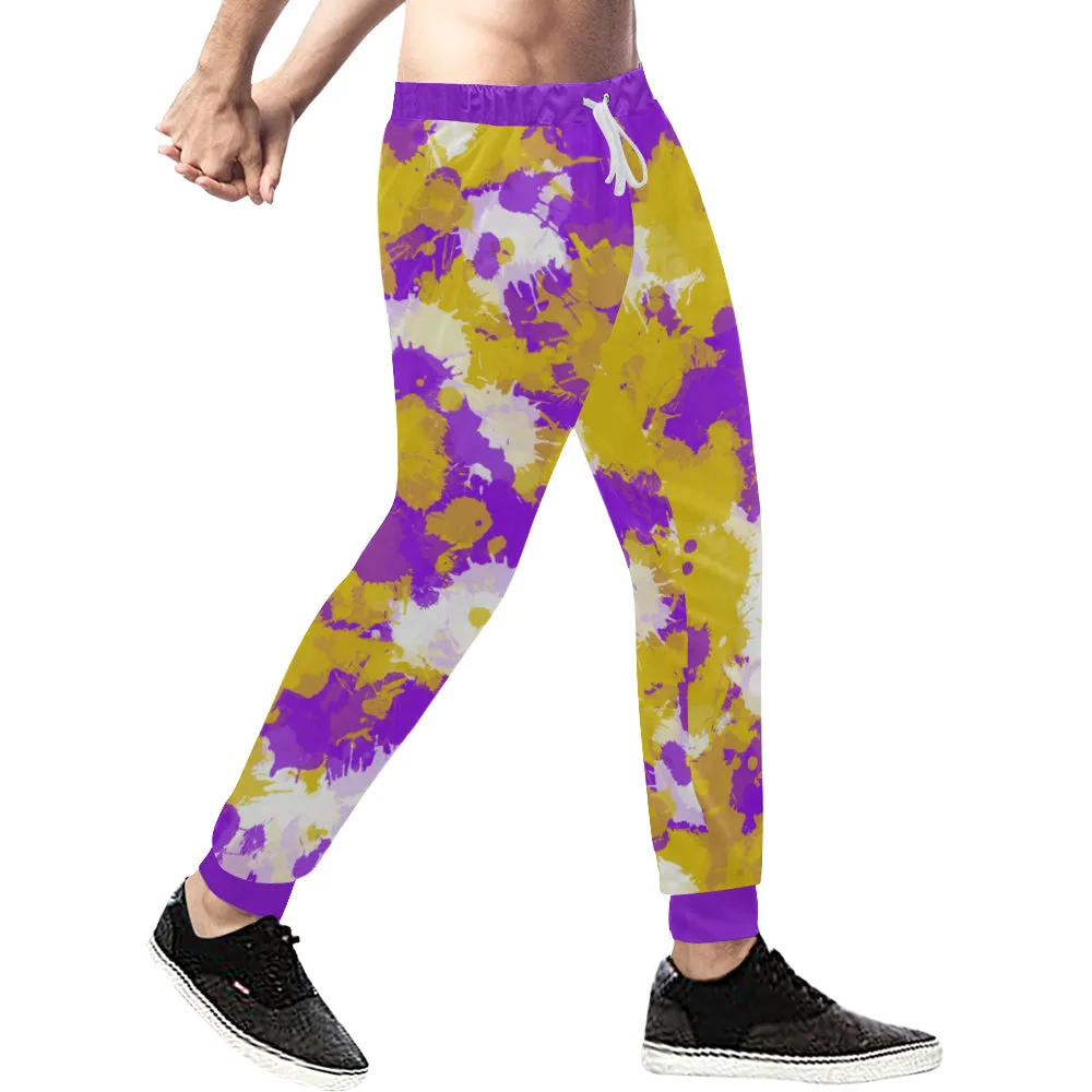 Purple Gold and White Paint Splatter Men's Big & Tall All Over Print Jogger Sweatpants