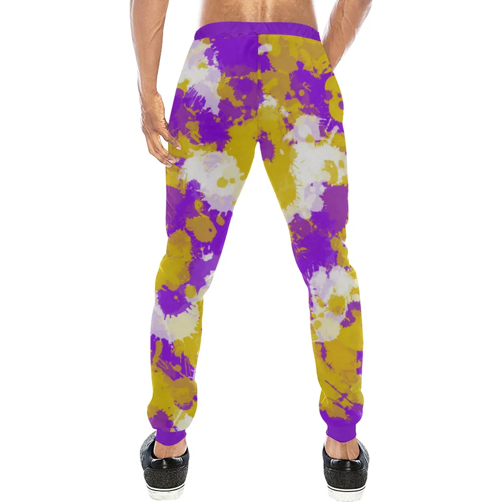 Purple Gold and White Paint Splatter Men's Big & Tall All Over Print Jogger Sweatpants