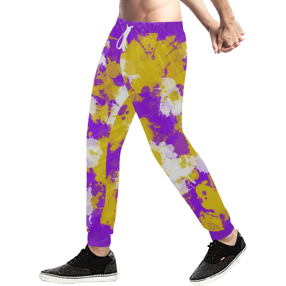 Purple Gold and White Paint Splatter Men's Big & Tall All Over Print Jogger Sweatpants