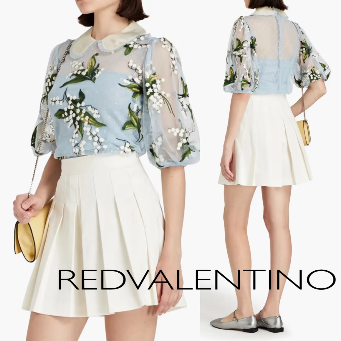 RED VALENTINO  |Flower Patterns Dots Casual Style Short Sleeves Office Style