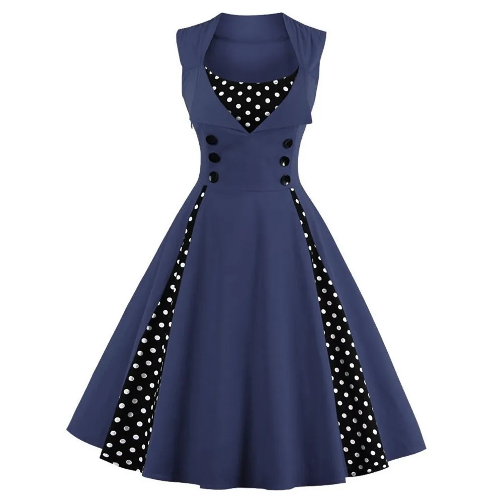 Robe Vintage 50s 60s Retro Cotton Patchwork Pin Up Swing Party Polka Dot Women Casual Dresses