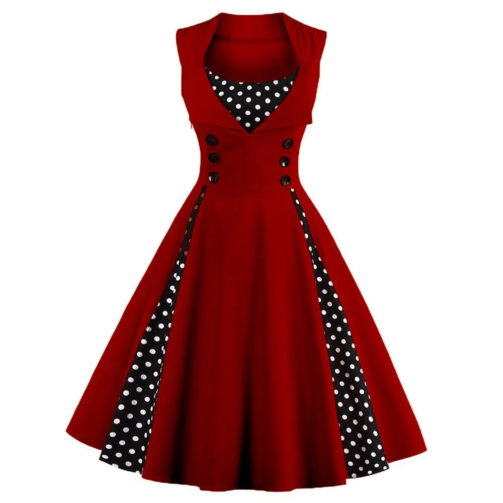 Robe Vintage 50s 60s Retro Cotton Patchwork Pin Up Swing Party Polka Dot Women Casual Dresses