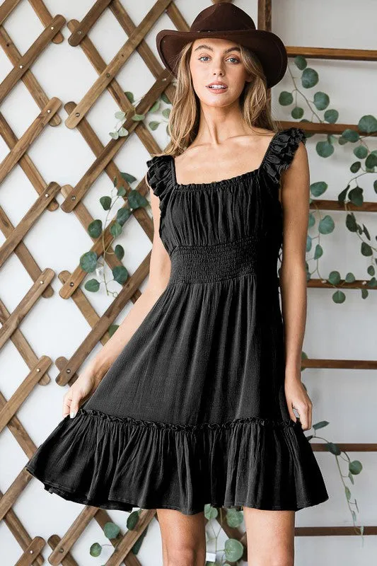 Ruched waist ruffled sleeveless dress