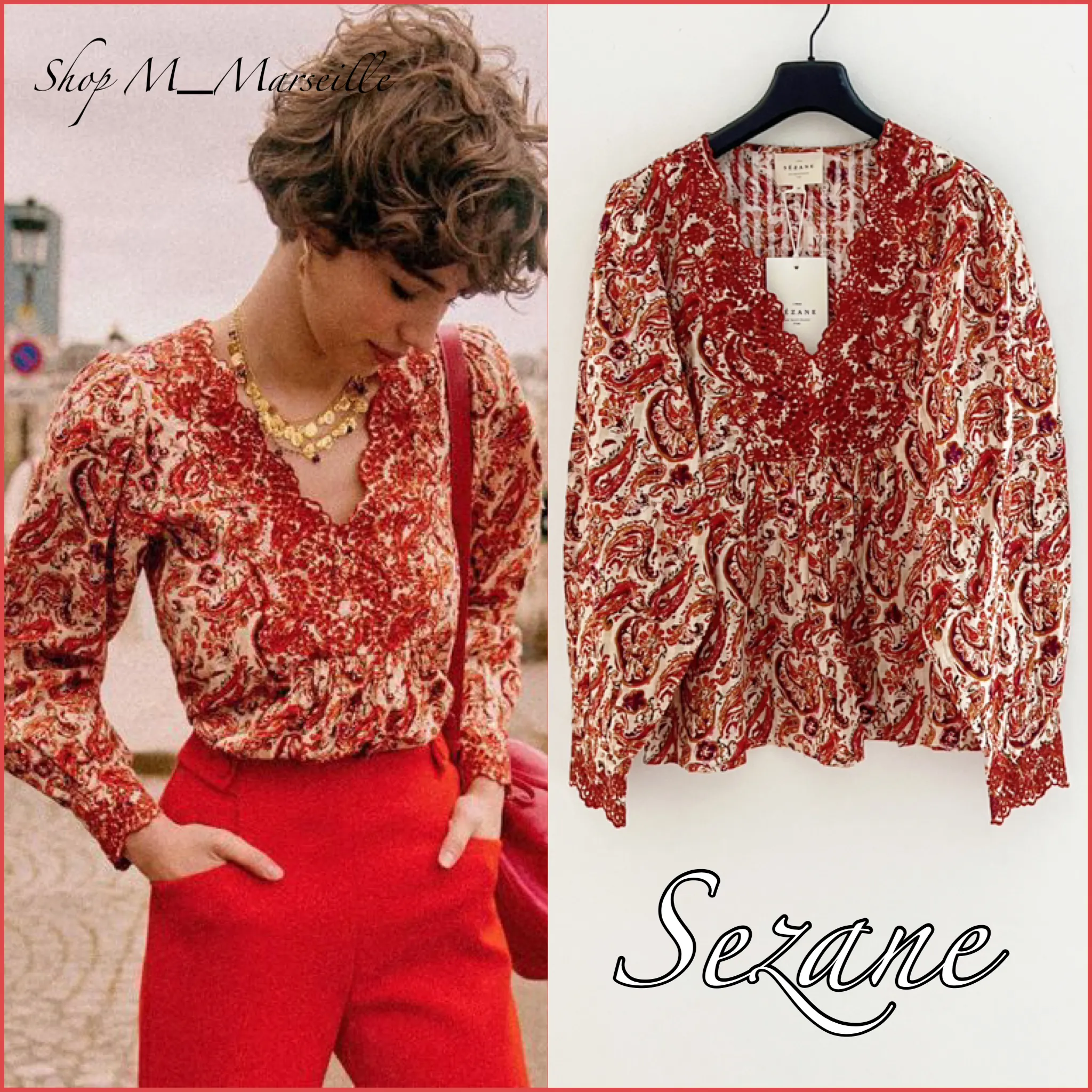 SEZANE  |Flower Patterns Paisley Casual Style Long Sleeves Cotton