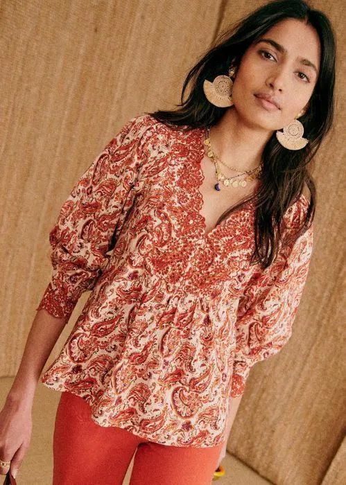 SEZANE  |Flower Patterns Paisley Casual Style Long Sleeves Cotton