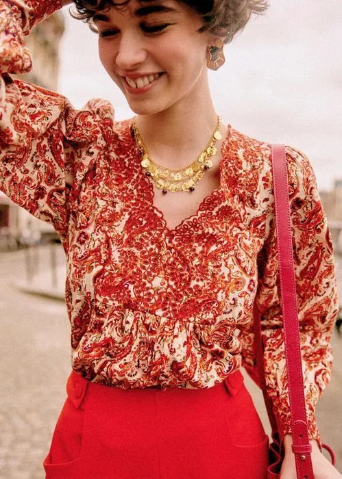 SEZANE  |Flower Patterns Paisley Casual Style Long Sleeves Cotton