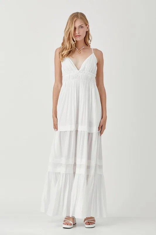 SHIRRED RUFFLE FOLDED DETAIL MAXI DRESS