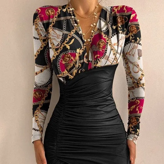 Solid and Printed Ruched Long Sleeve Bodycon Party Dress