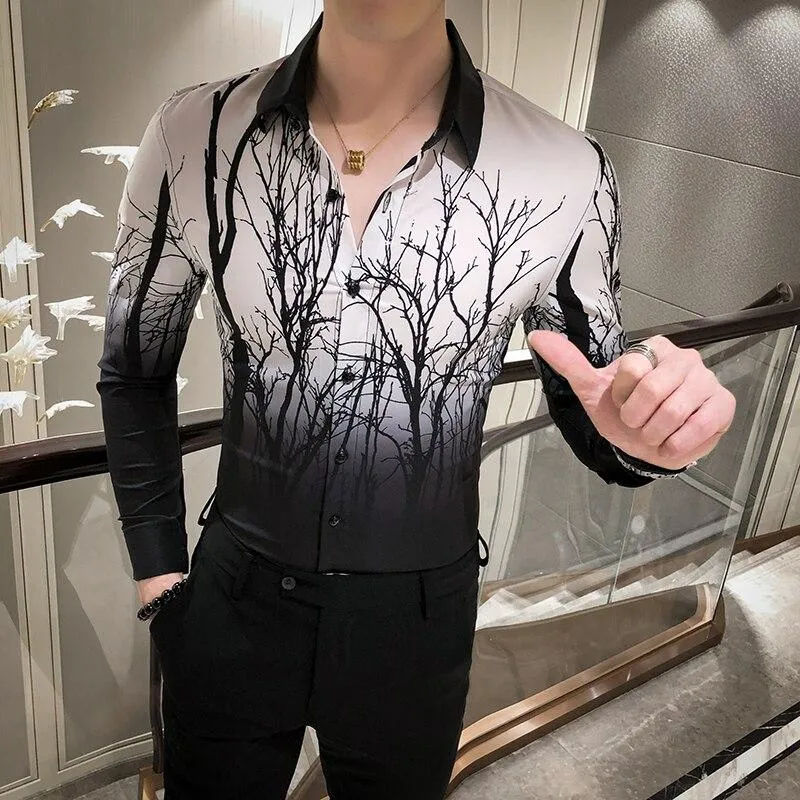 Spring Men's Floral Tree Art Long Sleeves All Match No Iron Night Club Shirt